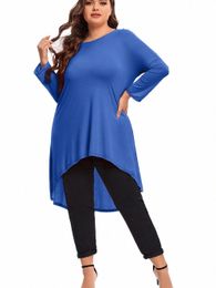 plus Size Lg Sleeve Summer Autumn Casual Tunic Tops Women Solid Blue Lg Loose O-Neck Blouse Female Large Size T-shirt 8XL 44xh#