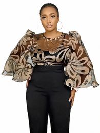 sexy Party Blouses for Women Fi Event See Through Mesh Tops Loose Flare Sleeve Clubwear Jacquard Fabric Shirt 4XL Plus Size U3BB#