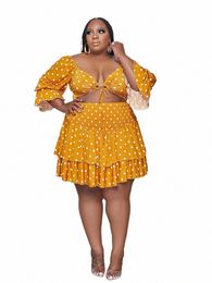 wmstar Plus Size Women 2 Two Piece Outfits Sexy Crop Top and Mini Skirts Sets Dot Print Matching Outfits Wholesale Dropship K7L7#