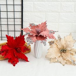 Handcraft Glitter Large Artificial Flowers Christmas Decor Poinsettia Fake Flowers For DIY Xmas Wedding New Year Home Decoration