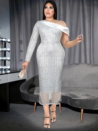 Plus Size Dresses White Sequined Women Plaid Party Dress Sexy Off Shoulder Bodycon Irregular Sleeve Lining Christmas Gown Birthday Event