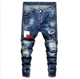 Men's Jeans Light Blue Ripped Big Brand Coat European And American Cross-Border Slim Stretch Khmer Red Tablecloth Fashion Lacquer D Two Anagram Jeans And Jeans