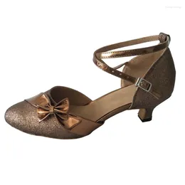 Dance Shoes Women's Customised Heel Salsa Latin Bronze Closed Toe Ballroom Party Dancing With Bow