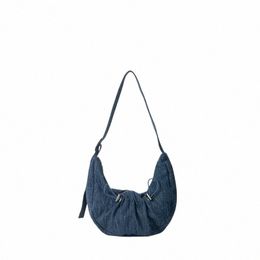 2023 New Women Denim Shoulder Handbag Ruffles Drawstring Crossbody Saddle Underarm Bag for Female Hobo Satchel Handle Bag i5Ac#