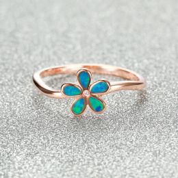 Cute Rainbow Flower Daisy Ring Blue White Fire Opal Rings For Women Rose Gold Colour Wedding Engagement Thin Ring Bands Jewellery