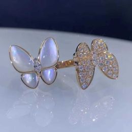 Designer 925 sterling silver VAN white shell butterfly ring plated with 18K rose gold opening double exquisite high version