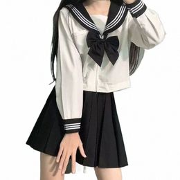 japanese School Uniform Girls Plus Size Jk Suit Black Tie White Three Basic Sailor Uniform Women Lg Sleeve Suit p4bD#