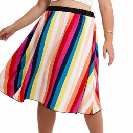 plus Size Floral Print Summer Casual Skirt Rainbow Stripe A-line Midi Skirt Elastic Waist Female Large Size Boho Swing Skirt 6XL g1Iv#