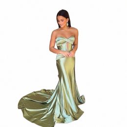 qanz Sage Green Modern Evening Dres Satin Strapl Mermaid Prom Dres 2024 Luxury Gown Lg Train Sexy Slit Party Dr l5Kq#
