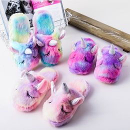 Winter Children's Unicorn Slippers Baby Kids Shoes for Girl Boy Slippers Rainbow Soft Warm Furry Toddler Home Slippers Bedroom