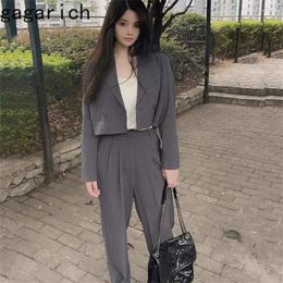 Women's Two Piece Pants Gagarich Korean Office Spring Women Outfits Casual Short Blazer Coats Suit High Waist Straight Capris Formal Sets