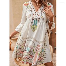 Casual Dresses 2024 Women's Summer Ethnic Style Plant Flower V-Neck Lace Splice Versatile Print 7/4 Flare Sleeve Dress For Women