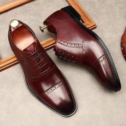 Dress Shoes Luxury Men Leather Genuine Business Formal Classic Style Burgundy Black Square Head Lace Up Oxford