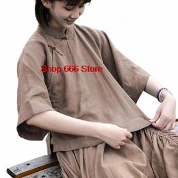 chinese Traditial Women's Tops Cott Linen Elegant Hanfu Qriental Clothing Tang Dr Solid Color Stand Collar Retro T-shirt A66P#