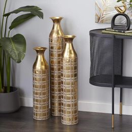 Vases Gold Flower Vase Decoration Home Metal Tall Distressed Metallic With Etched Grid Patterns Set Of 3