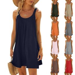 Casual Dresses Women Summer Spaghetti Strap Boho Dress Solid Color Loose Vacation Beach Cami Ladies Tshirt Tank Sundress