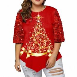 2021 Autumn Blouse Women Plus Size Round Neck Christmas Tree Printed Sequin Decor Flowy Tunic Women Shirt Top Blouses Party T5q0#