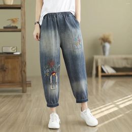 Women's Jeans Mori Kei Clothing Vintage Elastic Waist Flowers Embroidery Denim Harem Pants Women 2024 Original Design Trousers