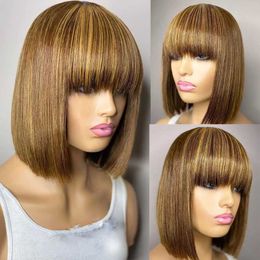 Nxy Vhair Wigs Ombre Highlight Blonde Full Machine Made Wig with Bangs 180% Density Short Bob Straight Non Lace Front Remy Brazilian Hair 240330