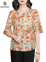 Women's Blouses BirdTree Ruffle Sleeve Floral Print Mulberry Silk Shirt For Women Fashion Elegant OL Blouse 2024 Spring Top T42288QM