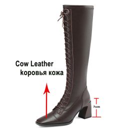 Meotina Women Genuine Leather Knee High Boot Square Toe Thick High Heels Zipper Lace-up Long Boot Ladies Shoes Autumn Winter 40