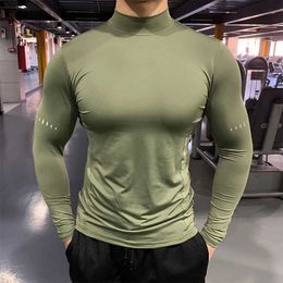 Men's T-Shirts Mens compression elastic T-shirt quick drying and breathable long sleeved top gym sports T-shirt mens casual outdoor sportswear J240330