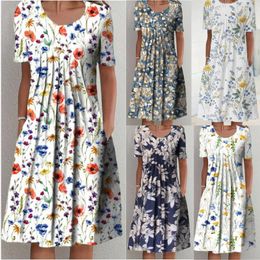Plus Size Spring And Summer Womens Elegant Large Swing Dress Round Neck Printed Short Sleeve