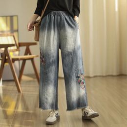 Women's Jeans Bohemian For Women Spring Summer Japanese Style Floral Embroidery Denim Straight-leg Pants With Fringes