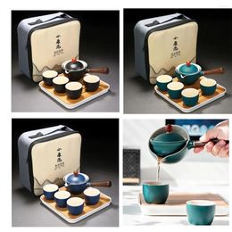 Teaware Sets Ceramic Gongfu Tea Set Cup Philtre Teapot With Wooden Handle Side-handle Automatic Spinning Pot Travel Outdoor