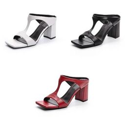 Roman Sandals Popular for Women New Summer Fashion Wearing Mesh Red Square Toe Open Toe Thick Heels High Heel Shoes for Woman Outerwear Footwear A041