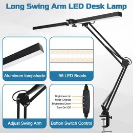 LED Desk Lamp Eye-Caring Adjustable Swing Arm Table Light with Clamp Reading Lights Night Light for Office/Study/Working US/EU
