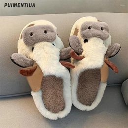 Slippers Cute Animal For Women Men Kawaii Fluffy Winter Warm Indoor Slipper Couples Cartoon Milk Cow House Slides Funny Shoes