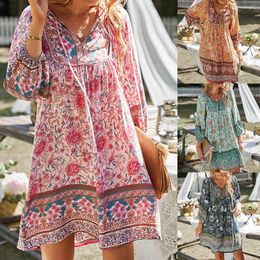 Casual Dresses 2024 Spring Summer Vintage Floral Print Dress Women V Neck Long Sleeve Short Fashion Loose Bohemian Style