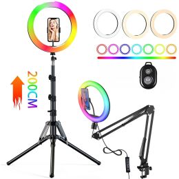 RGB Colour Soft Ring Light With Desk Long Arm Tablet Tripod Photography Lighting Selfie RingLight Circle Lamp Phone Holder Stand