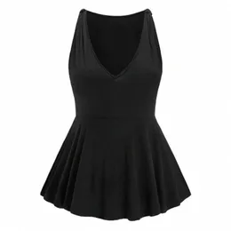 plus Size Elegant Sleevel Summer Peplum Blouse V-neck Bow Detail Solid Black Tunic Top Large Size Casual A-line T-shirt Tank Q0yl#