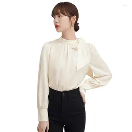 Women's Blouses Women Satin Shirts 2024 Leisure Stand Collar Lace Up Tie Bow Blouse Autumn Long Sleeve French Elegant Office Tops Mujer