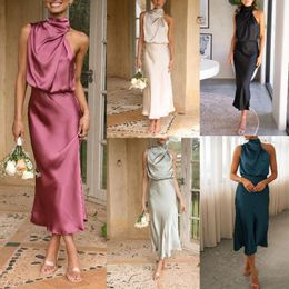 Summer Mature Elegant Womens Sleeveless Halter Solid Colour Satin Dress