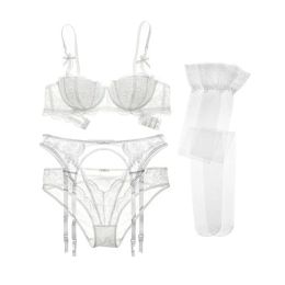 Varsbaby Sexy Bow Underwire Half Cup Push Up Underwear Set 4Pcs Bra+Panties+Garter+Stockings For Ladies