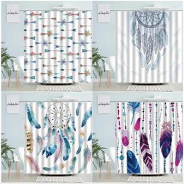 Shower Curtains Colourful Feather Watercolour Boho Ethnic Fashion Decor Waterproof Fabric Bohemia Bathroom Curtain Sets With Hooks