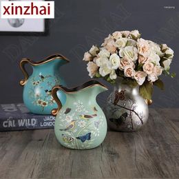 Vases European Ceramic Vase Hand Painted Little Bird Peony Living Room Dried Flowers Organiser Home Desktop Small Teapot Flower