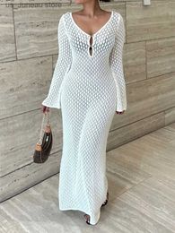 Basic Casual Dresses Tossy White Knit Fashion Cover up Maxi Dress Female S-Through V-Neck Hollow Out Beach Holiday Dress Knitwear Backless Dress T240330