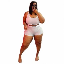cm.yaya Women Plus Size Swimsuit Letter Print Crop Tank Tops Sheath Ealstic Shorts 2 Two Piece Set Sexy Swimwear Beachwear 2021 K7mL#