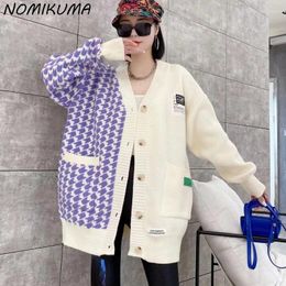 Women's Knits Nomikuma Autumn Winter Hit Color Jacquard Zrgyle Causal Sweater Coat Long Sleeve V-neck Fashion 2024 Women