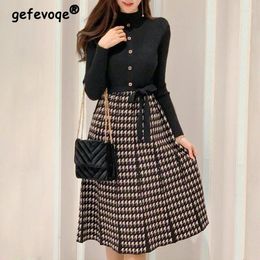 Casual Dresses Women Korean Fashion Houndstooth Bow Lace Up Elegant Chic Knitted Autumn Winter Half High Collar Slim Long Sleeve Dress