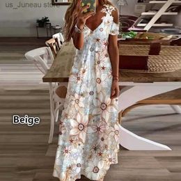 Basic Casual Dresses 2023 New Plus Size Women Dress Summer Floral Print Lace Hollow Out Long Dresses Casual Loose V-Neck Beach Party dress Vestidos T240330
