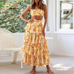 Work Dresses Elegant Fashion Floral Print Sexy Short Strap With Layered Ruffle Hem Skirt Set Summer Womne Sets Skinny Maxi 2-piece Suit