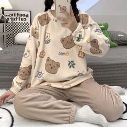 SUO&CHGAO 2023 Autumn Winter New Cute Coral Fleece Pajamas for Womens Plus Velvet Pyjamas Sets Nightgown Sleepwear Homewear