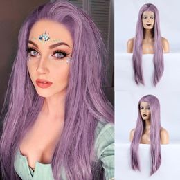 Light Purple Silky Straight 13X4 Lace Front Wig Natural Hairline Long Middle Part Syntheic Wigs Cosplay Daily Use Korean High Temperature Fiber Hair s