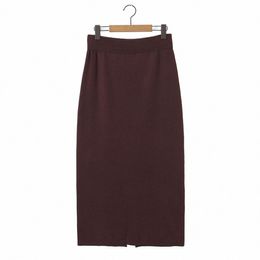 2023 Autumn Winter High Waist Back Slit Straight Knitted Skirt Women Plus Size Slim Solid Colour Calf Length Bottoms Good Quality R6vs#