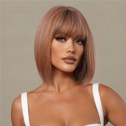 ALAN EATON Short Bob Wig with Bangs Copper Synthetic Wigs for Women Afro Brown Straight Hair Natural Cosplay Wig Heat Resistant